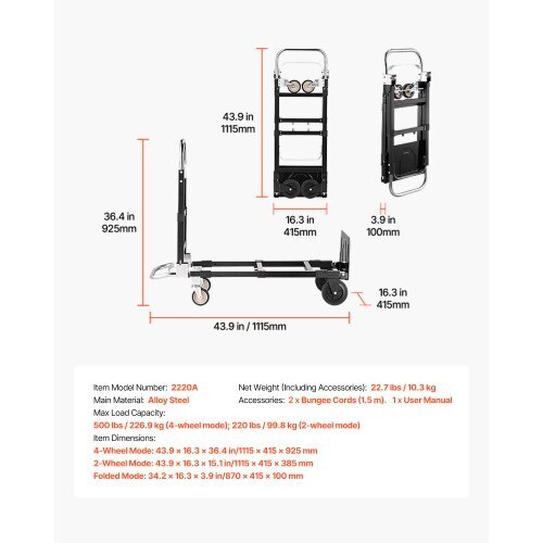 2 in 1 Folding Hand Truck, 500 lbs Load Capacity for 4-Wheel Mode, Convertible Hand Truck Dolly with Wheels & Adjustable Handle, Portable Dolly for Moving Home, Office, Warehouse
