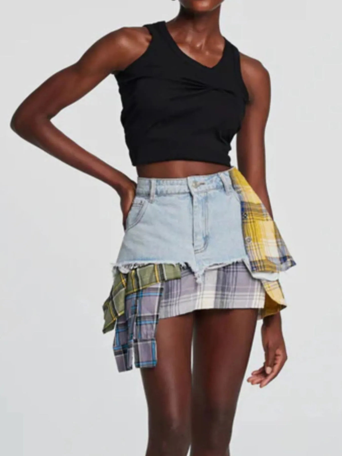 Raw Hem Denim Mini Skirt with Plaid Patch Details