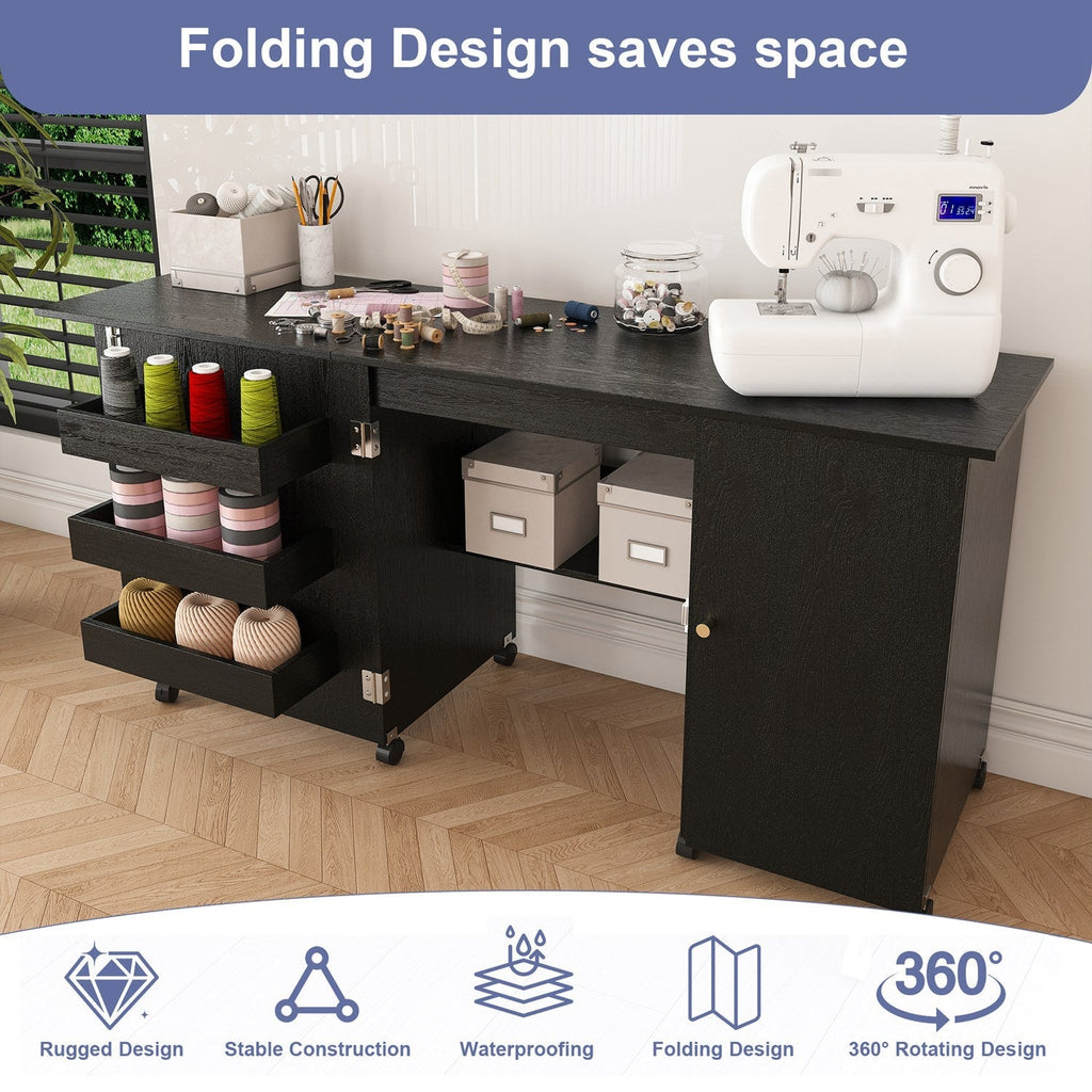 57.5" Foldable Sewing Machine Table with Storage & Casters