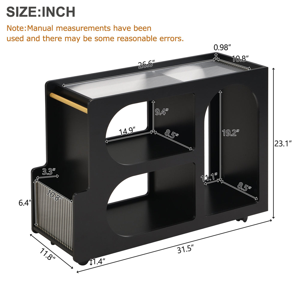 Stylish mobile desk with lockable wheels,bedside table with 5mm thick grooved tempered glass and gold round bars ，black