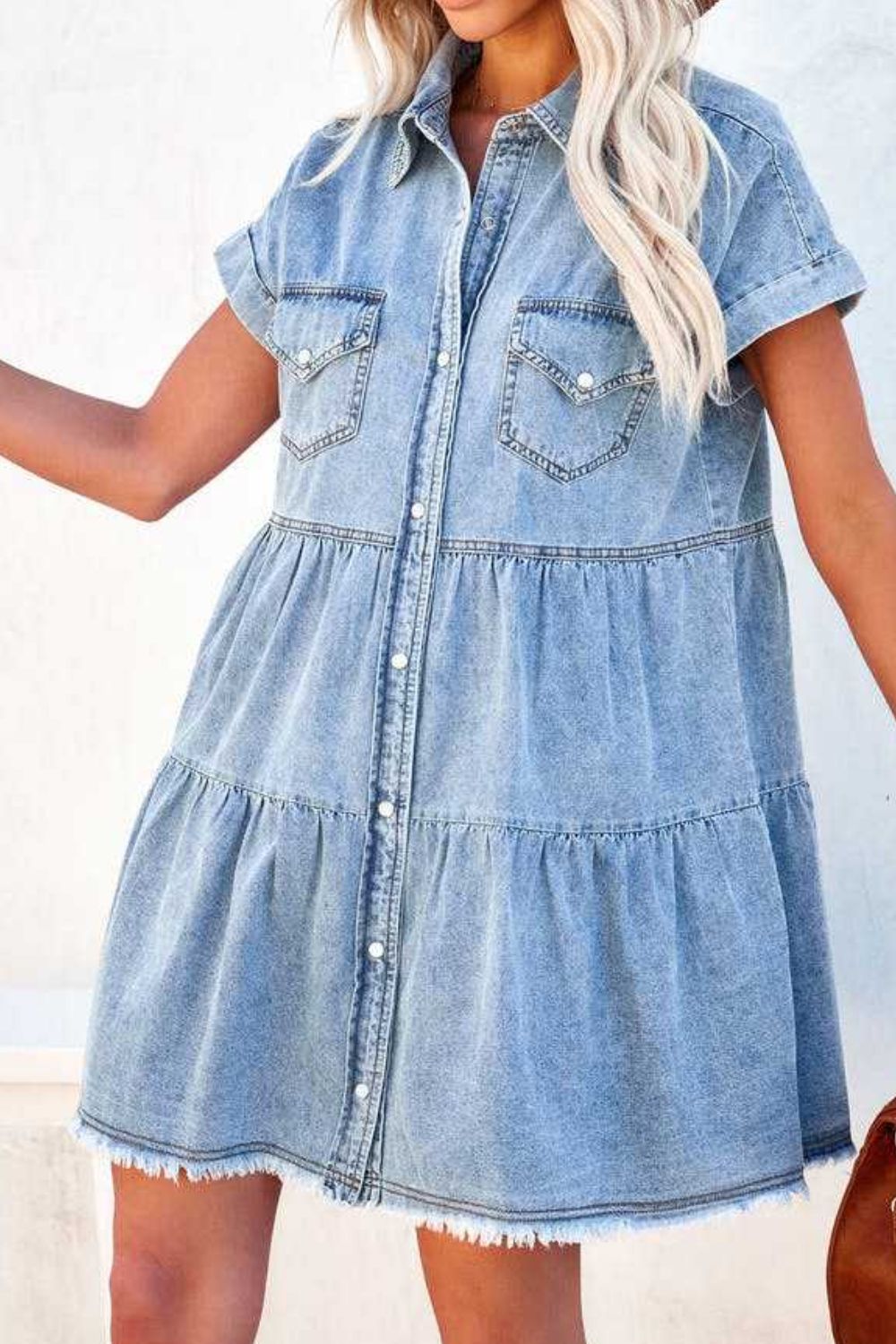 Raw Hem Button Down Denim Mini Dress