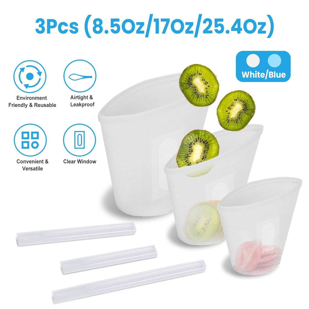 3Pcs Silicone Food Storage Bags Reusable Leakproof Food Container Set with 3 Seals Microwave Dishwasher Safe Environment Friendly 8.5Oz/17Oz/25.4Oz