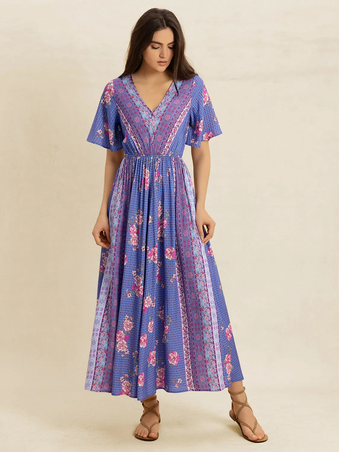Printed Short Sleeve Midi Dress