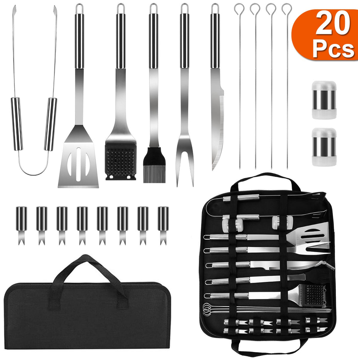 20-Piece Stainless Steel BBQ Grill Tool Set with Carry Case