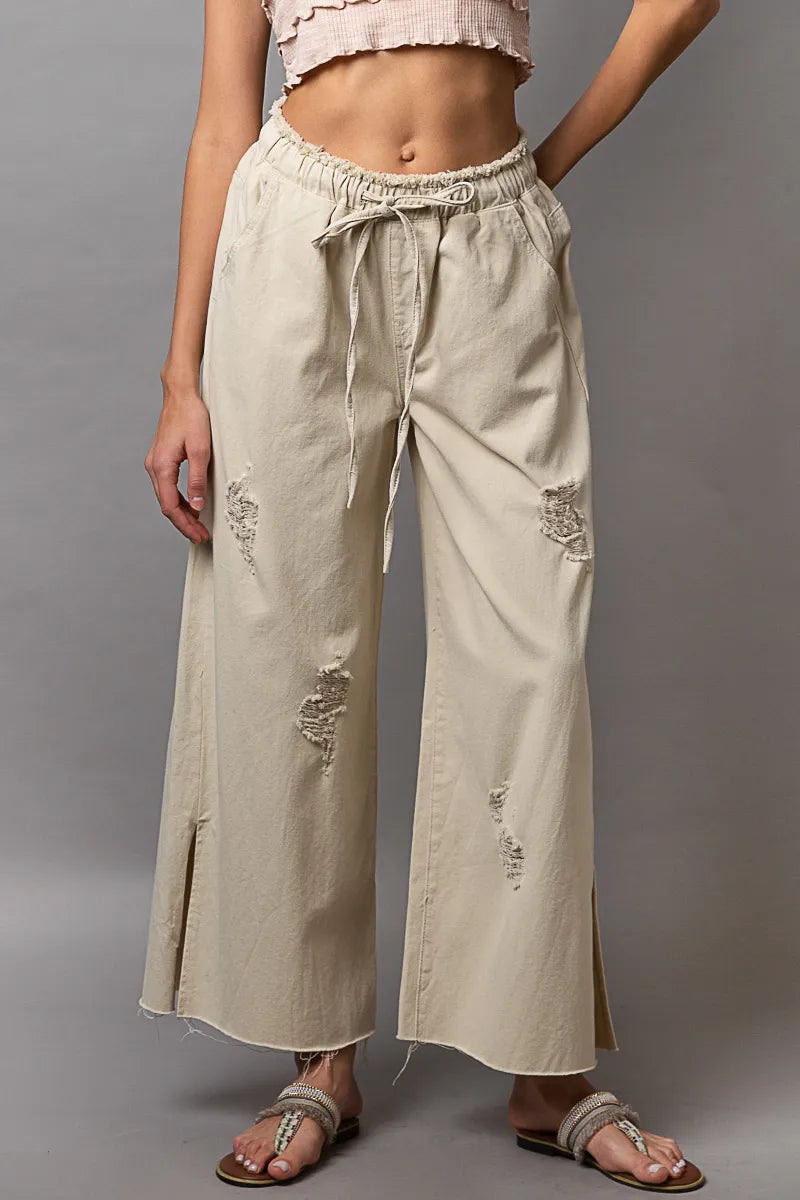 POL Distressed Drawstring Slit Wide leg Pants
