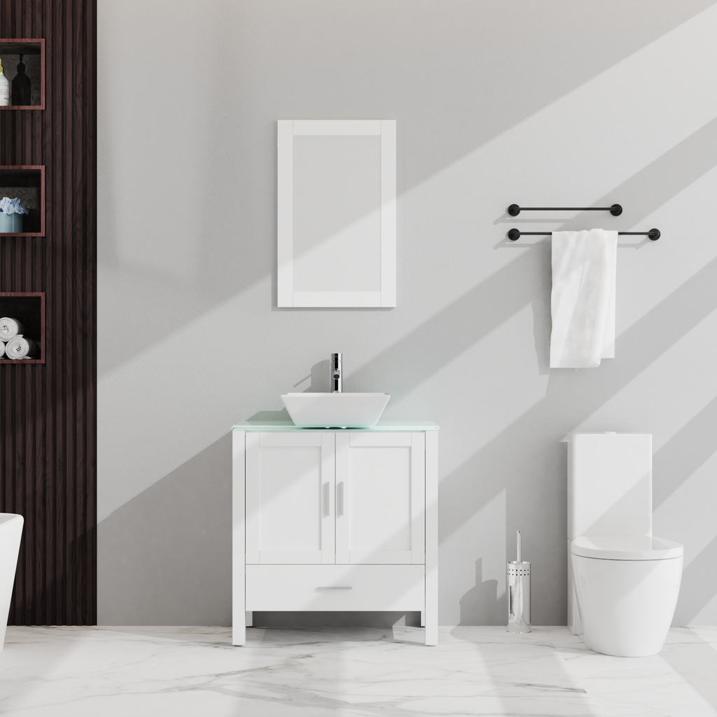 Goodyo 30" Bathroom Vanity and Sink Combo Glass Top Cabinet w/Mirror, White