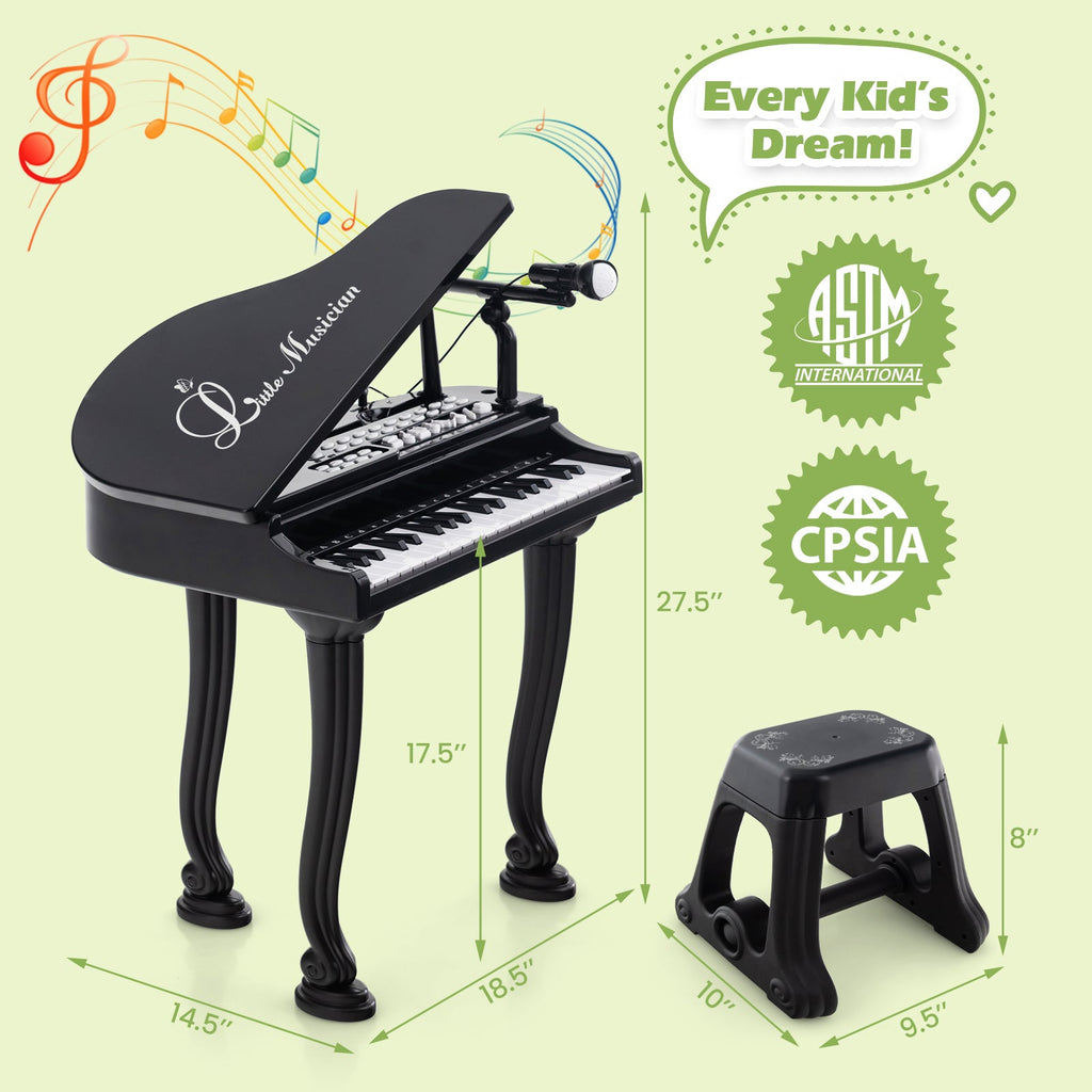 37 Keys Kids Piano Keyboard with Stool and Piano Lid-Black