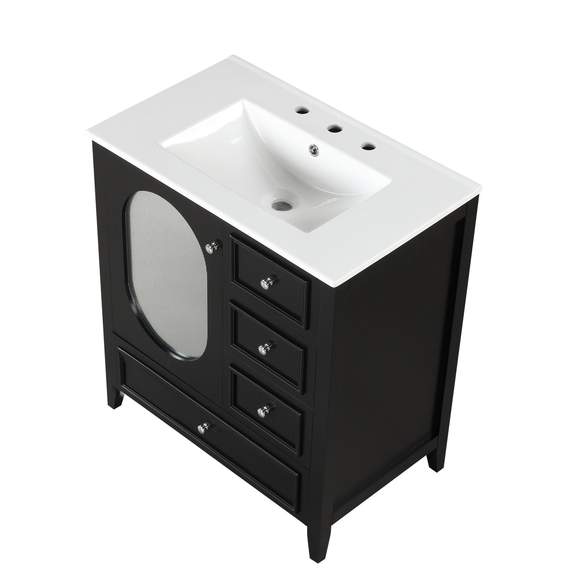 30" Bathroom Vanity with Sink, Bathroom Vanity Cabinet with Three Drawers and Door, Solid Wood and MDF, Black