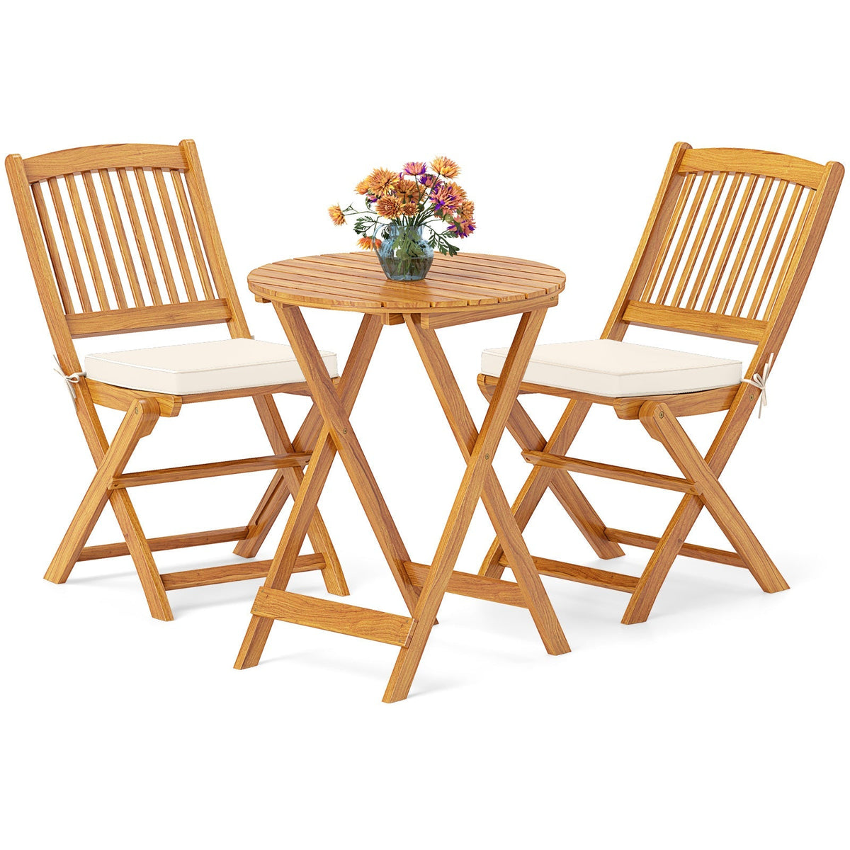 3 Pieces Acacia Wood Patio Folding Bistro Set with Soft Cushions