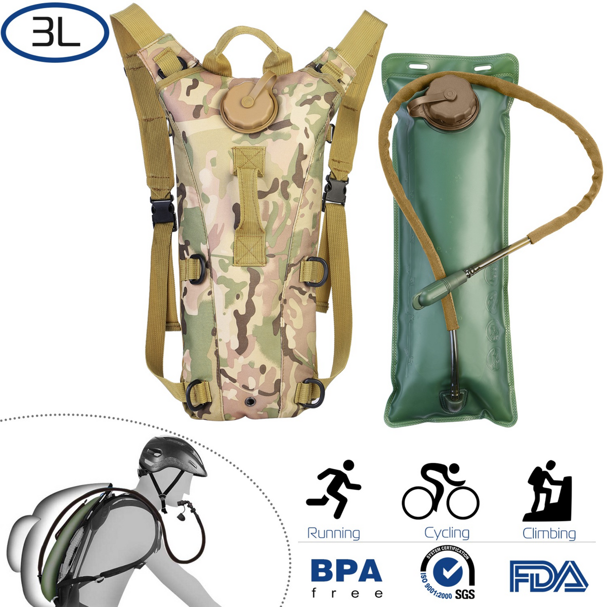 Tactical Hydration Pack 3L Water Bladder Adjustable Water Drink Backpack for Hiking Cycling Climbing Running