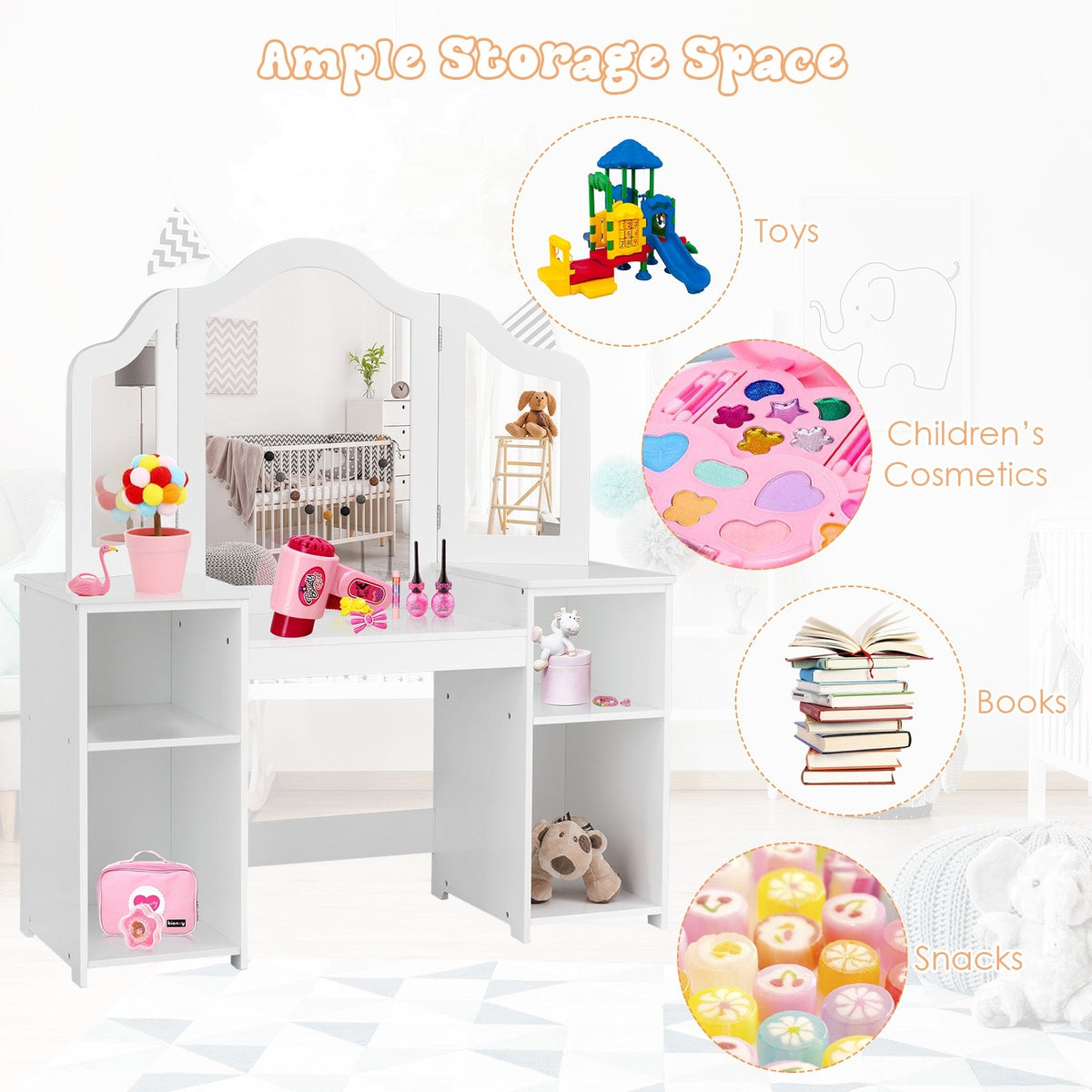 Kids Tri Folding Mirror Makeup Dressing Vanity Table Set-White
