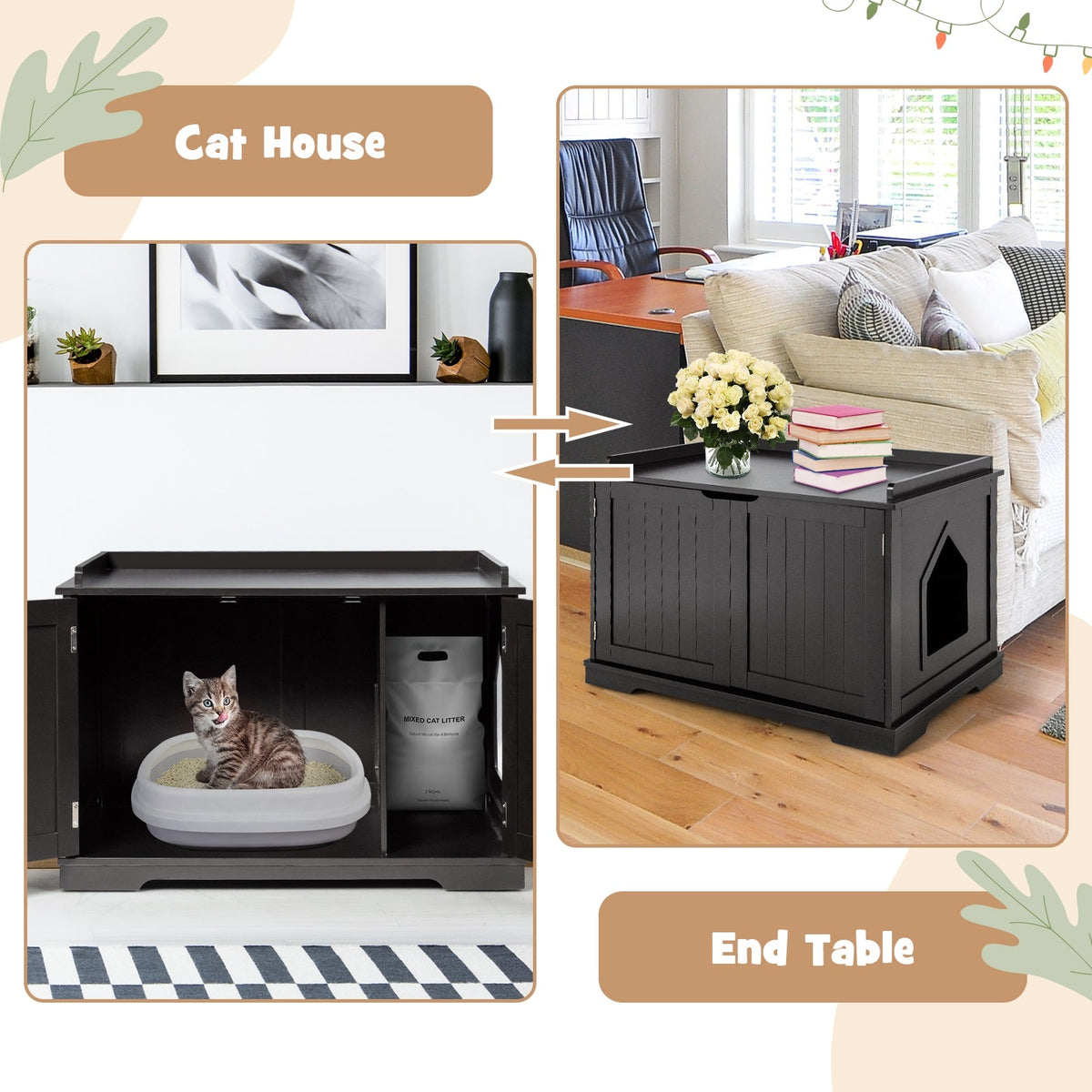 Cat Litter Box Enclosure with Double Doors for Large Cat and Kitty-Black