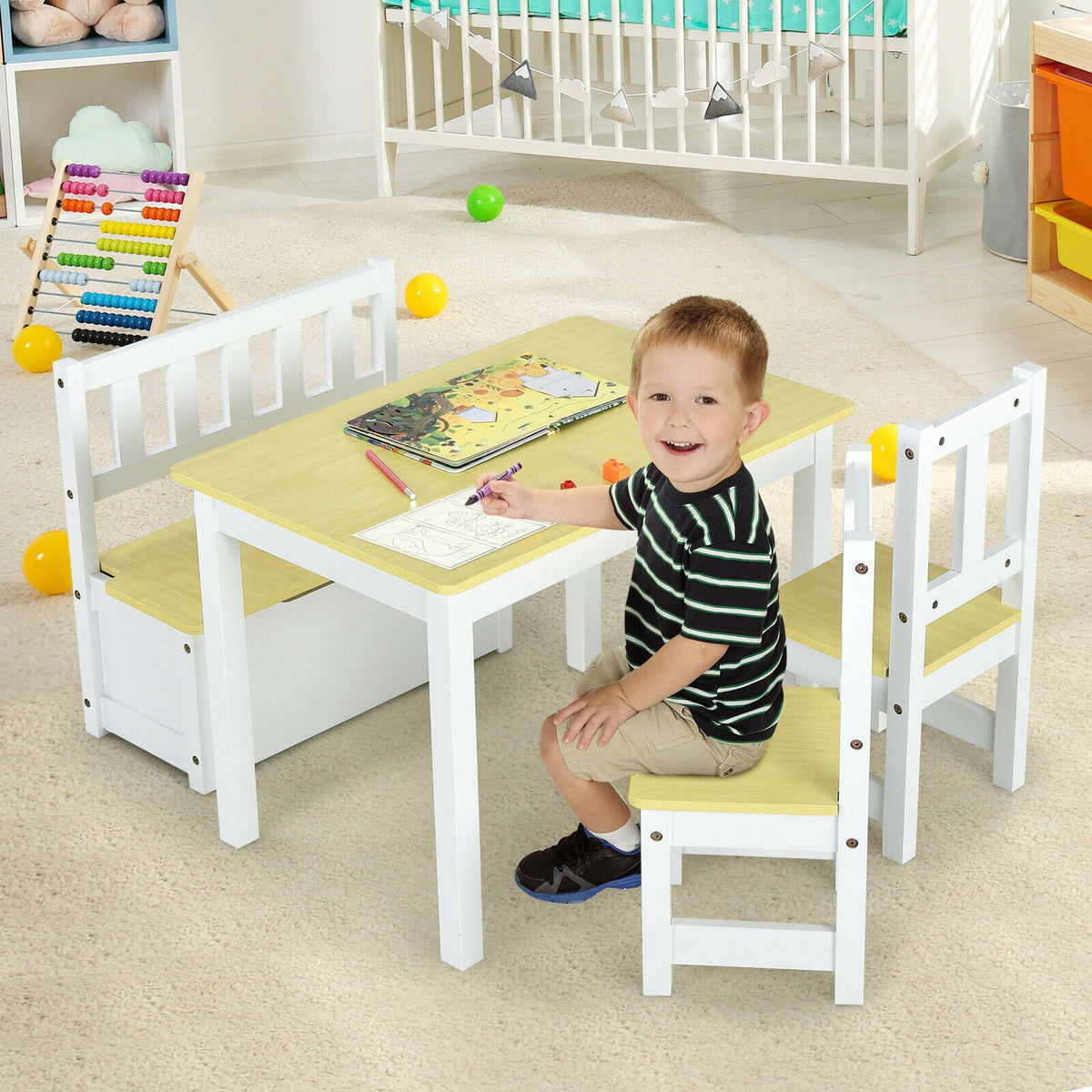 4 Pieces Kids Wooden Activity Table and Chairs Set with Storage Bench and Study Desk-Natural