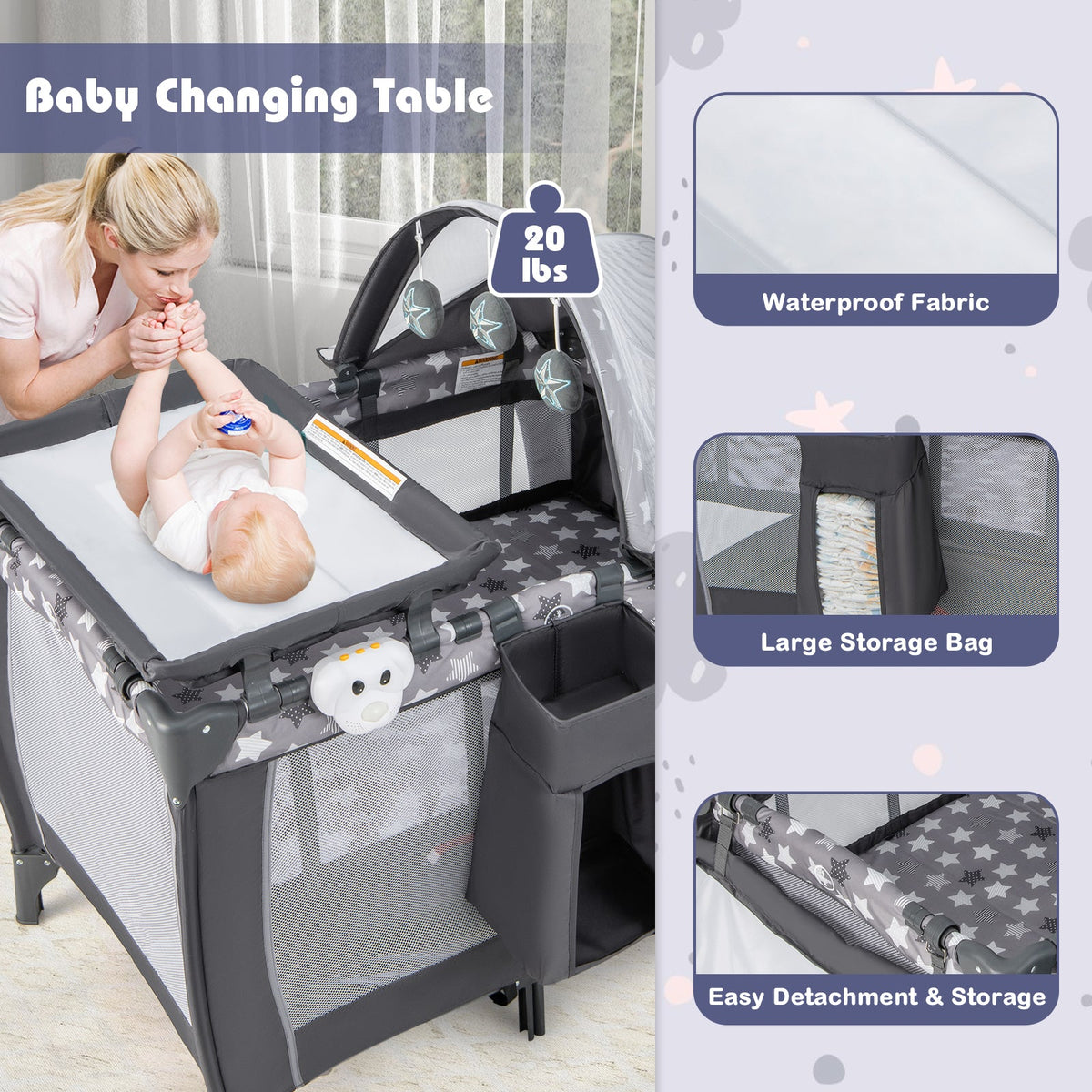 Portable Baby Nursery Center 4-in-1 Portable Travel Crib-Gray