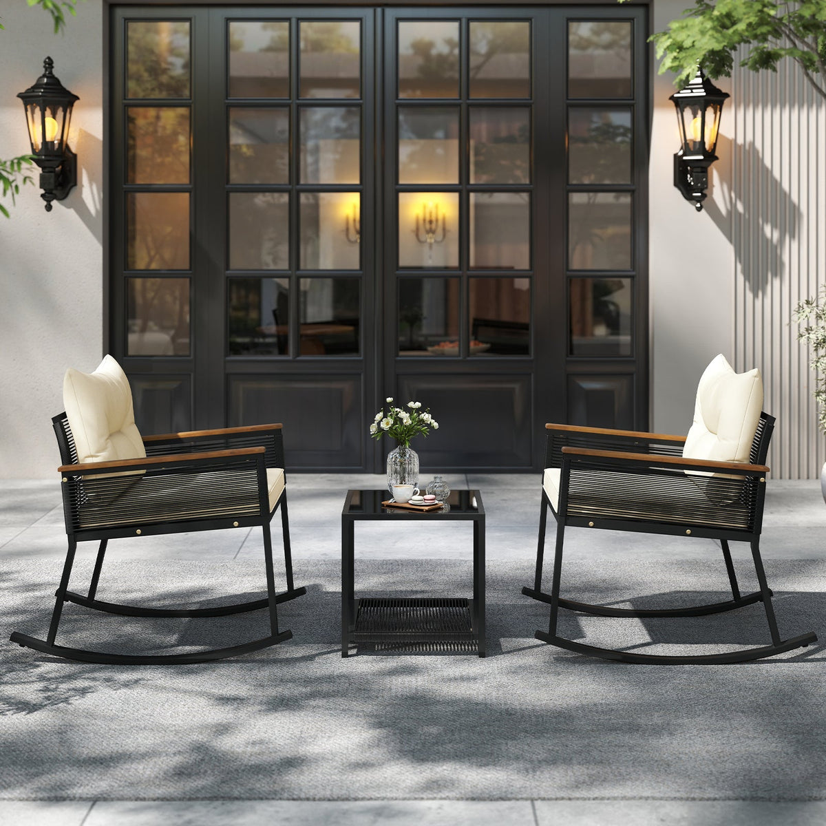3 Piece Outdoor PE Rattan Rocking Bistro Set with 2-Tier Coffee Table-Black