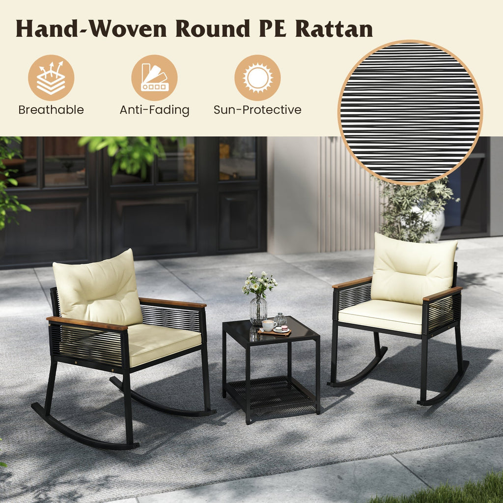 3 Piece Outdoor PE Rattan Rocking Bistro Set with 2-Tier Coffee Table-Black