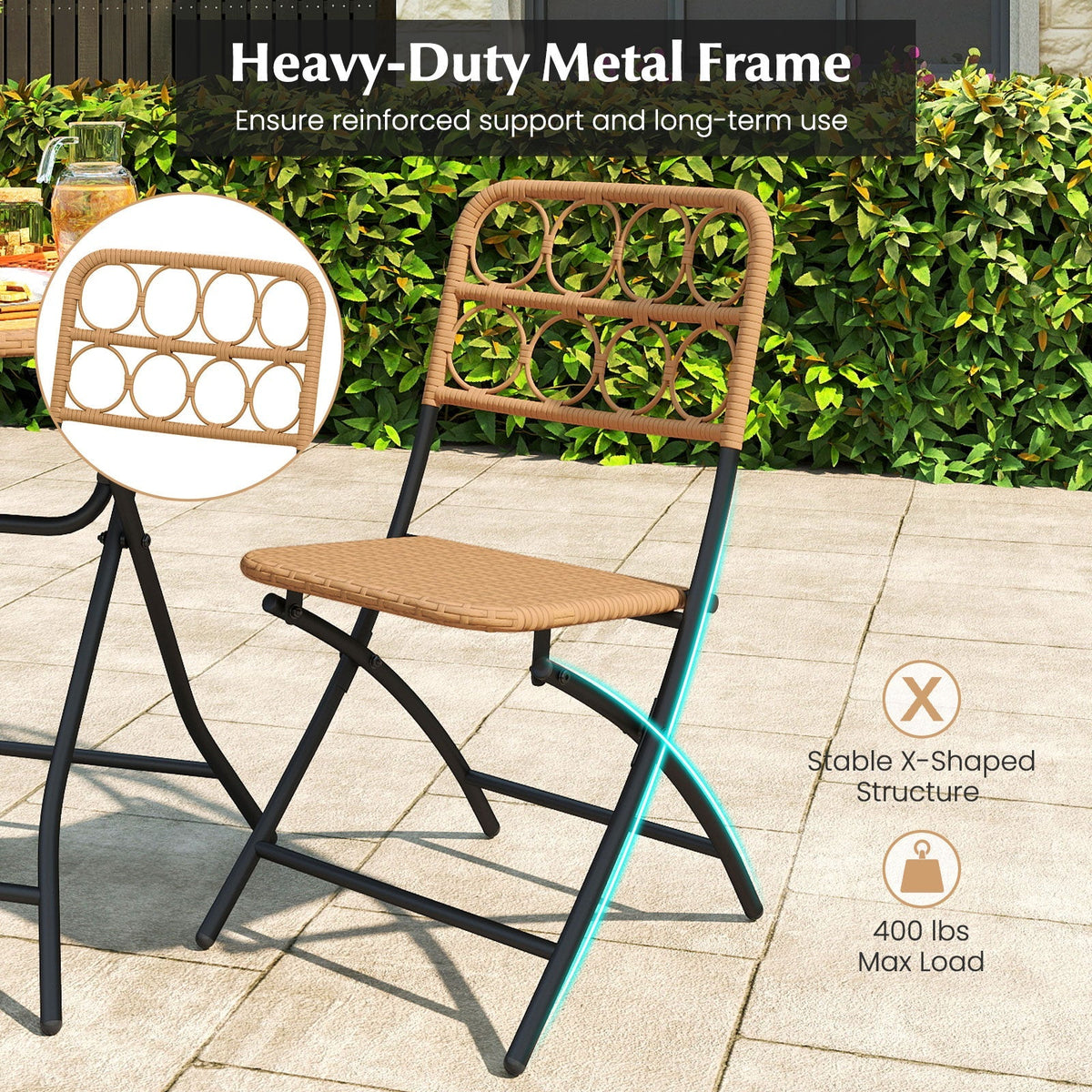 3 Piece Patio Bistro Set Folding Round Table and Chairs with Wicker Seat