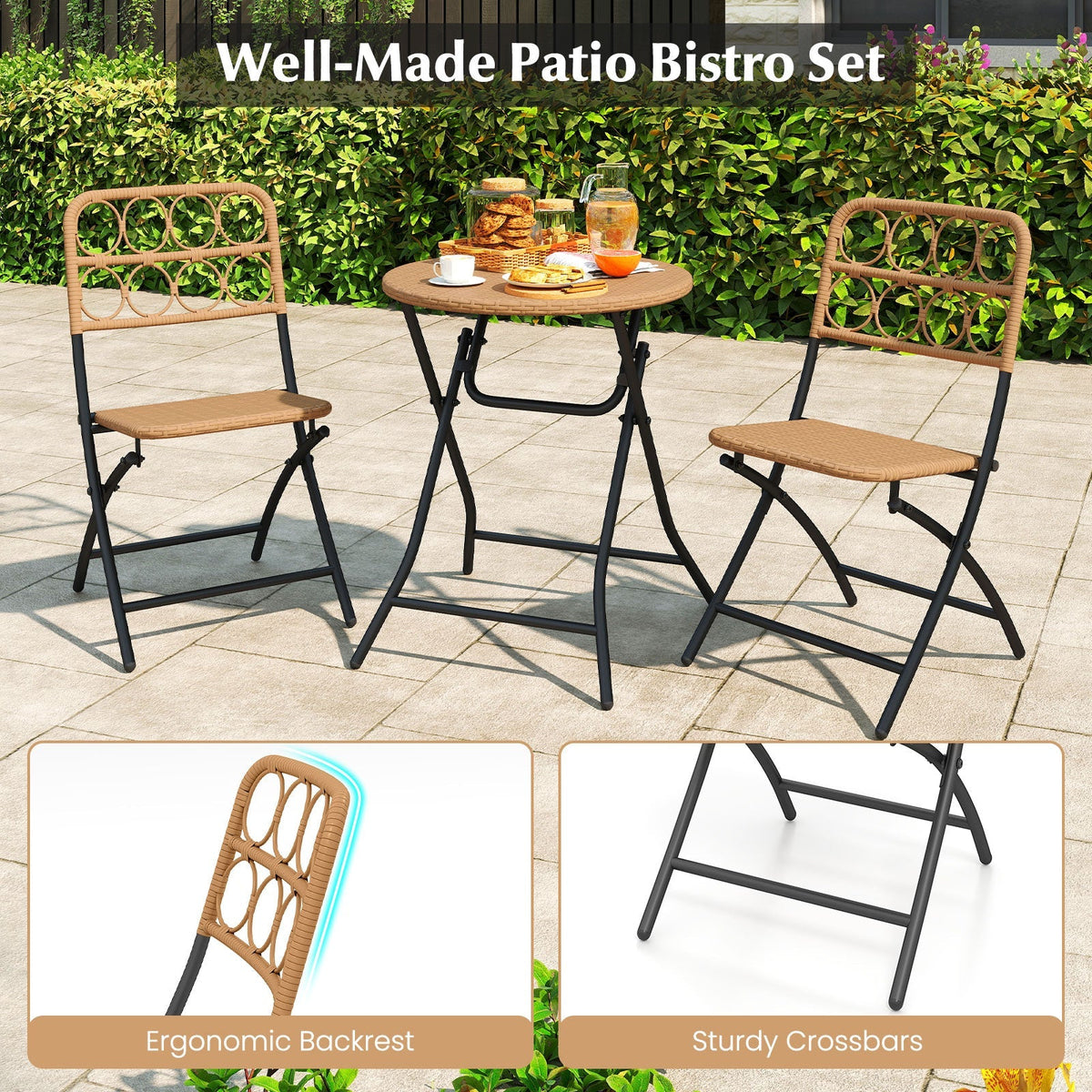 3 Piece Patio Bistro Set Folding Round Table and Chairs with Wicker Seat