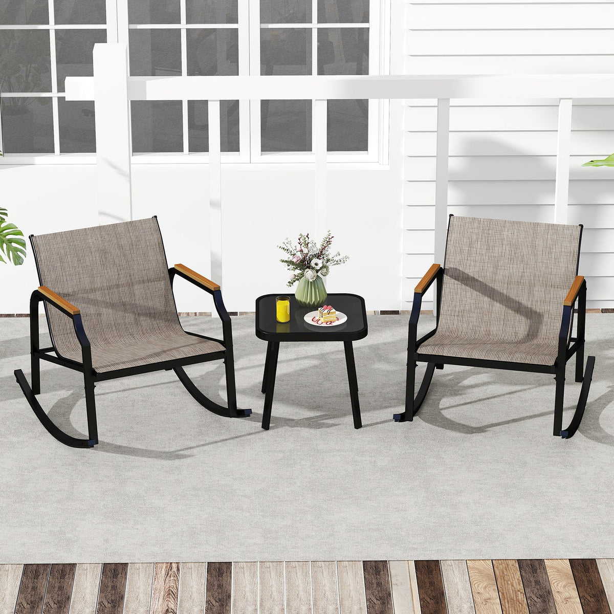 3 Piece Patio Rocking Bistro Set with Tempered Glass Coffee Table and Armrests for Porch-Brown