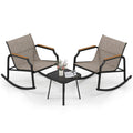3 Piece Patio Rocking Bistro Set with Tempered Glass Coffee Table and Armrests for Porch-Brown