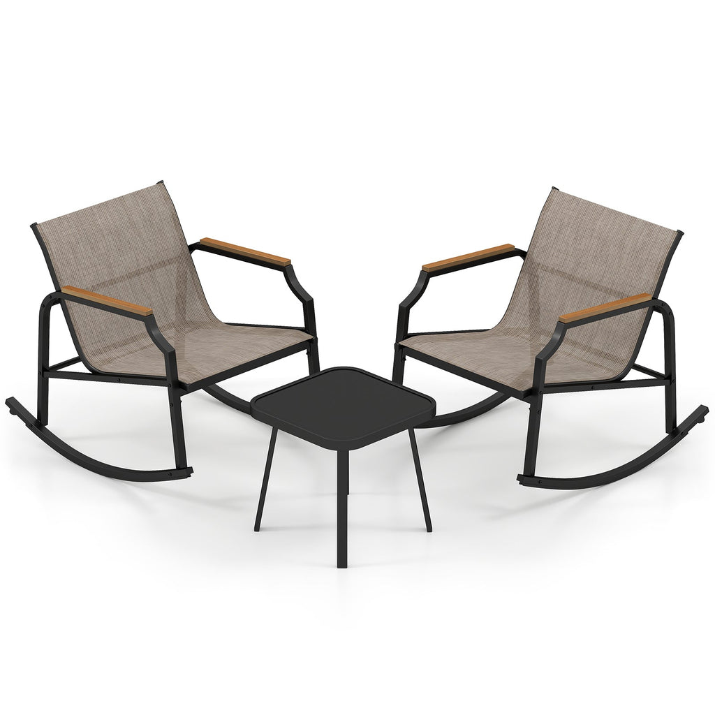 3 Piece Patio Rocking Bistro Set with Tempered Glass Coffee Table and Armrests for Porch-Brown