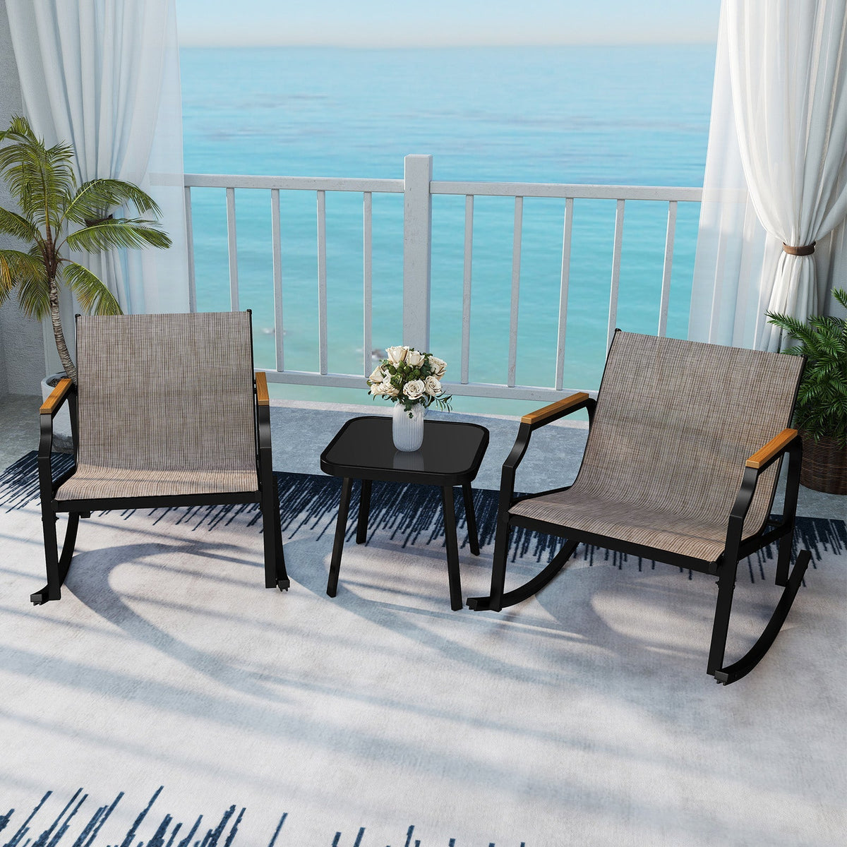 3 Piece Patio Rocking Bistro Set with Tempered Glass Coffee Table and Armrests for Porch-Brown