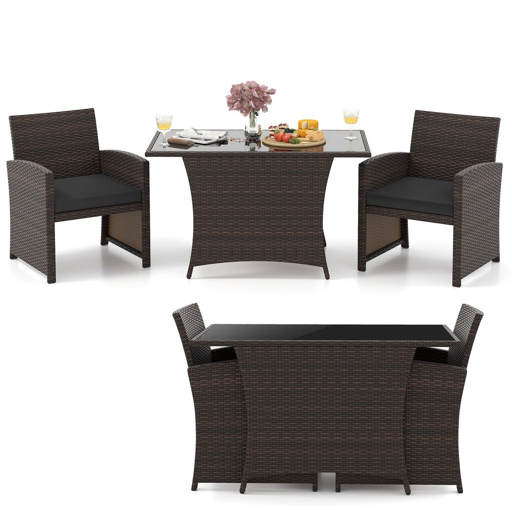 3 Piece Patio Wicker Dining Set with Rectangle Tempered Glass Dining Table-Brown