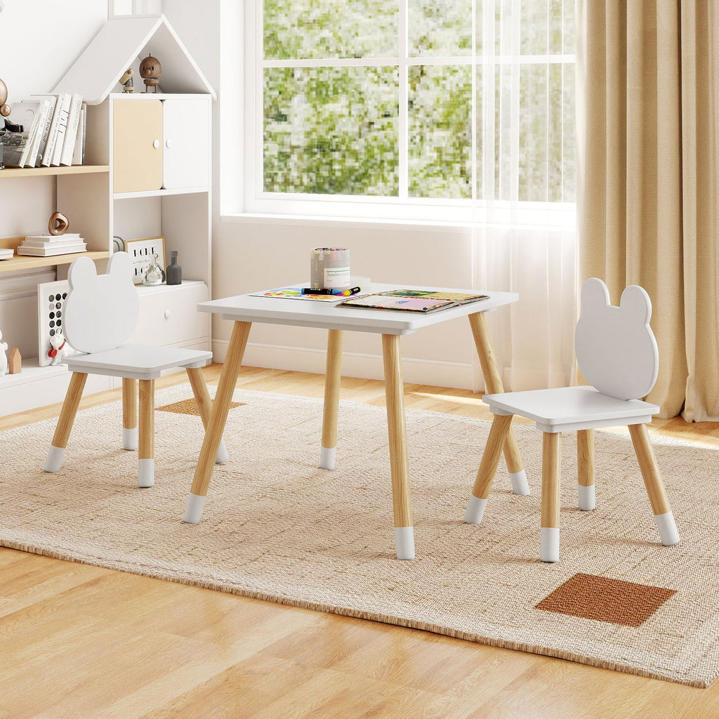 3 Pieces Kids Wooden Table and Chair Set with Cute Froggy Design-White