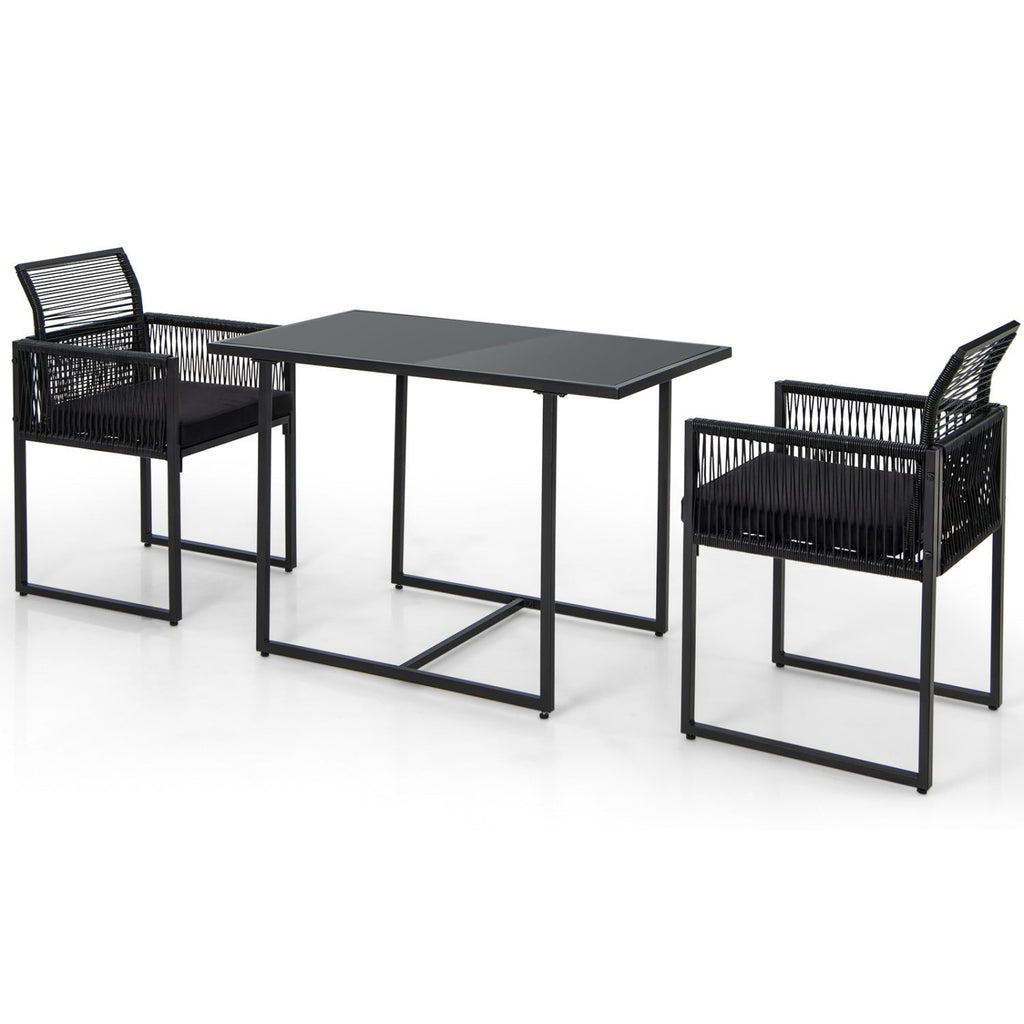 3 Pieces Outdoor Dining Set with Folding Backrest and Seat Cushions-Black