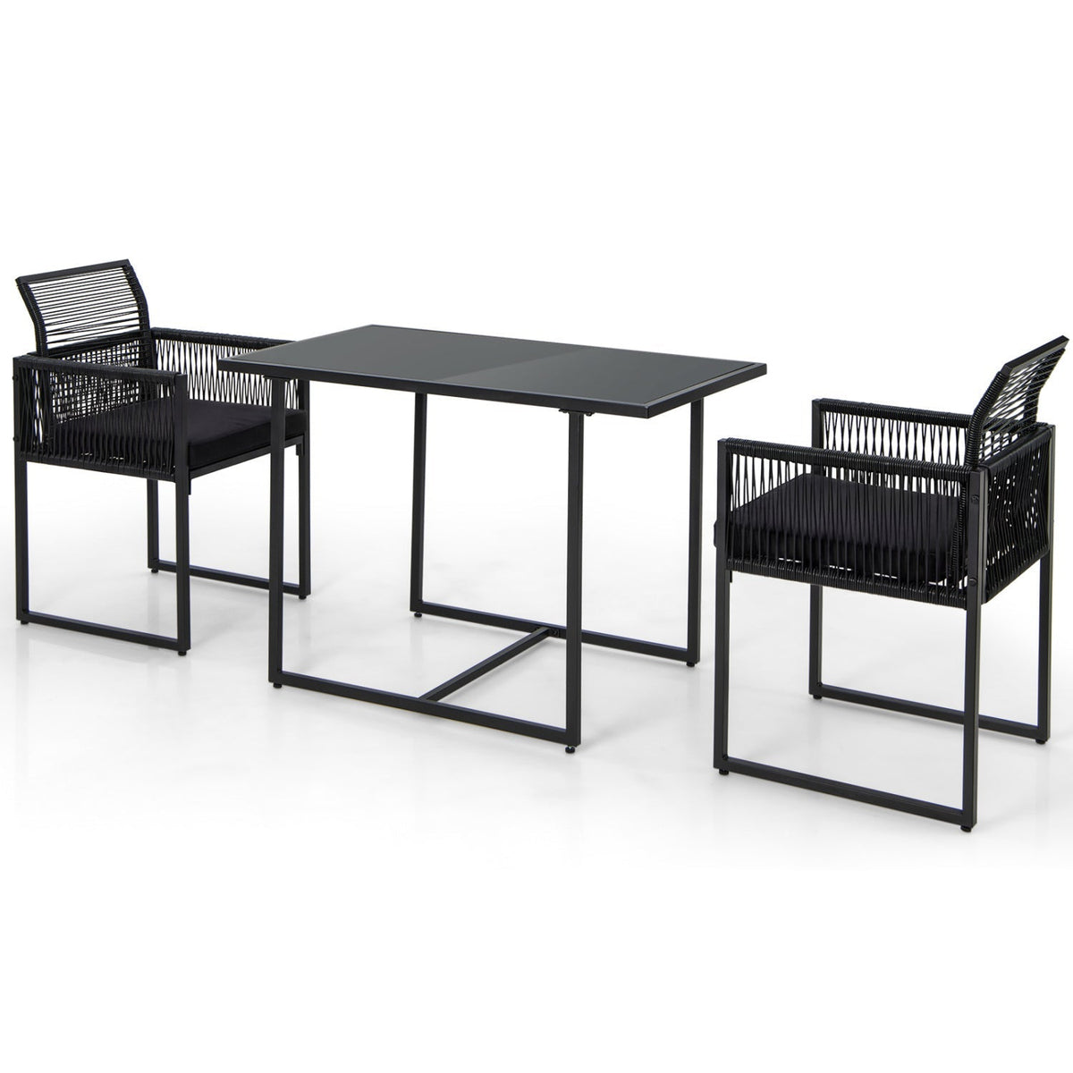 3 Pieces Outdoor Dining Set with Folding Backrest and Seat Cushions-Black