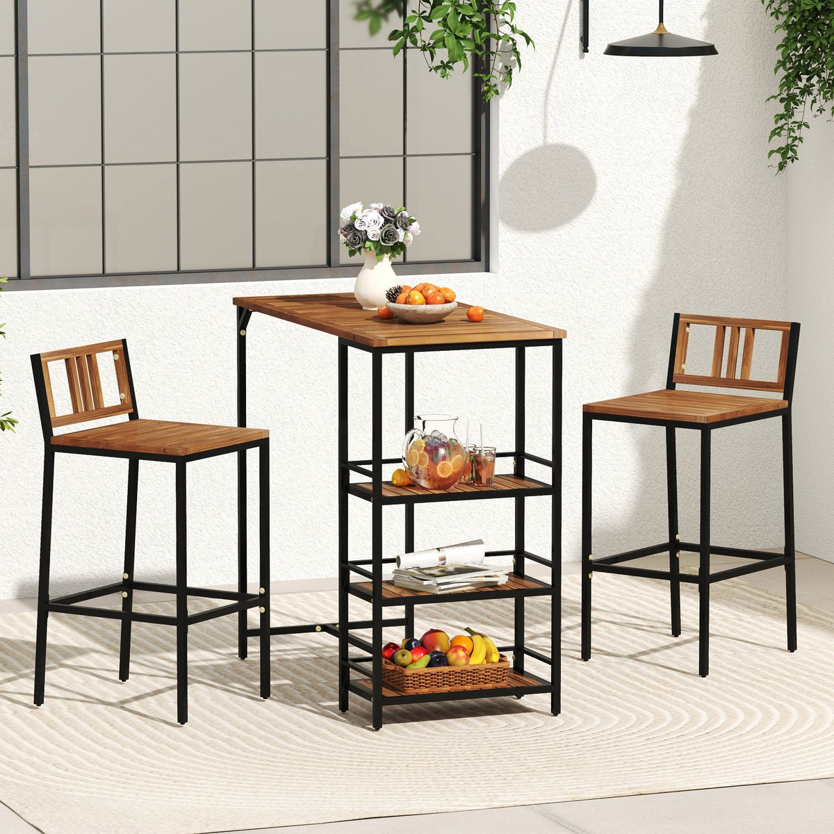 3 Pieces Outdoor Wood Bar Set with 3-Tier Storage Shelf and Metal Frame