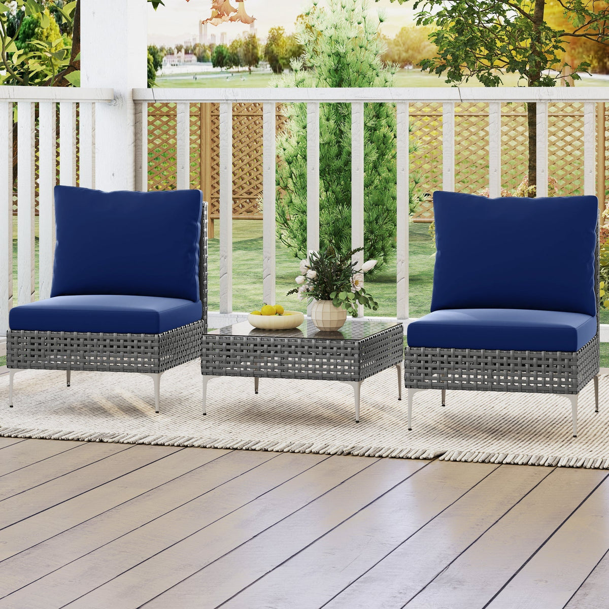 3 Pieces PE Rattan Conversation Chairs with Tempered Glass Coffee Table for Garden Porch-Navy