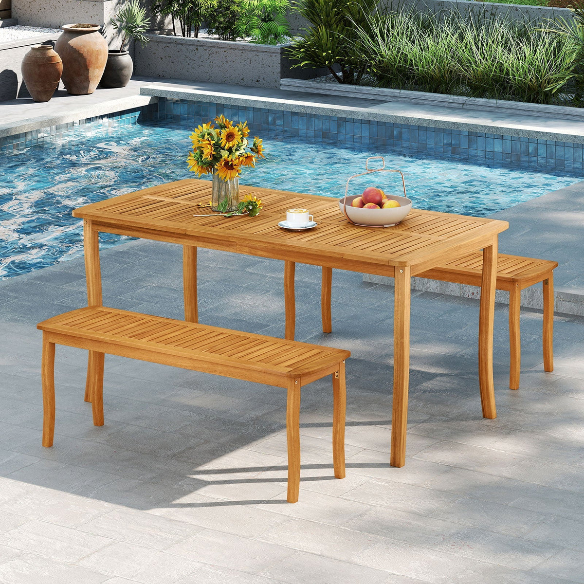 3 Pieces Patio Dining Set with Acacia Wood Outdoor Table and Benches