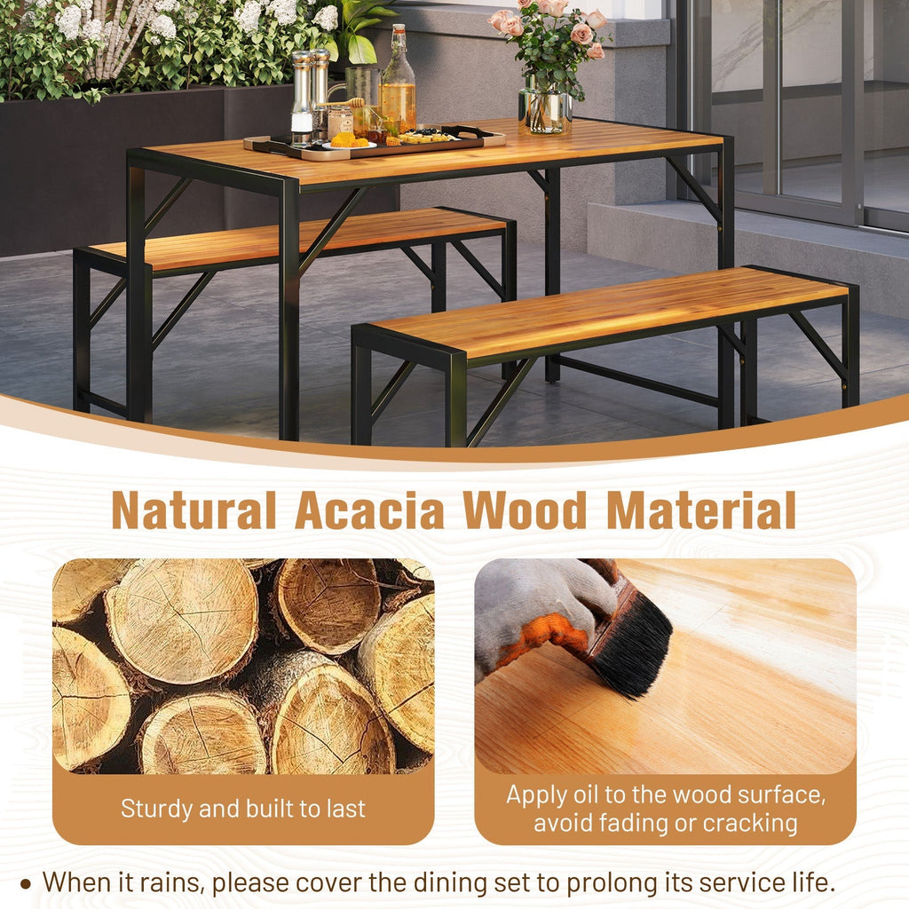 3 Pieces Patio Dining Set with Acacia Wood Dining Table and 2 Benches