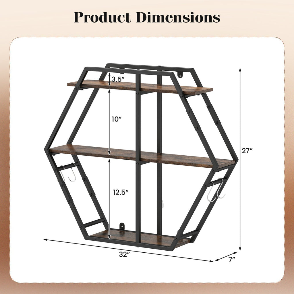 3-Tier Geometric Bookcase with S-Shaped Hooks for Living Room