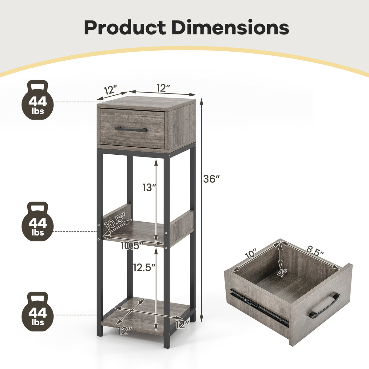 3 Tier Tall Plant Stand with Drawer Anti-tipping Devices-Gray