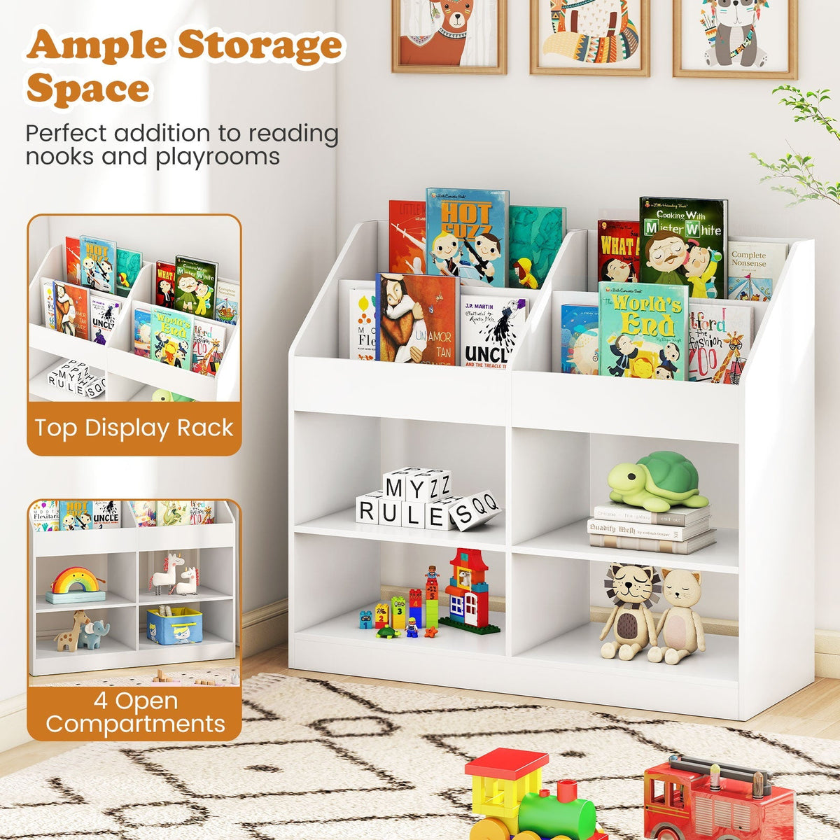 3-Tier Kid's Bookshelf Toy Storage Organizer with Display Rack and 4 Compartments-White