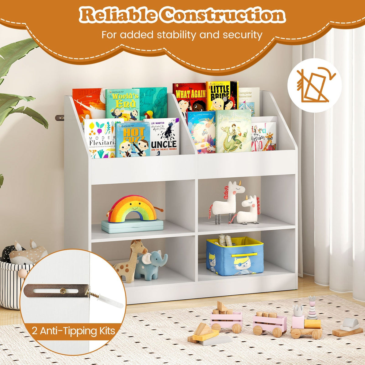 3-Tier Kid's Bookshelf Toy Storage Organizer with Display Rack and 4 Compartments-White