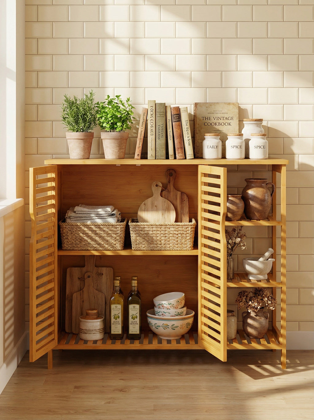 Bamboo 4 Tier Floor Cabinet with Doors, Freestanding Storage