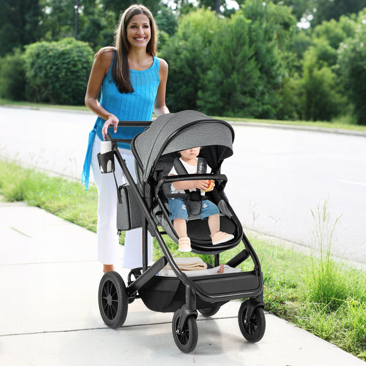 3-in-1 Folding Convertible Newborn Stroller with Detachable Bassinet-Gray