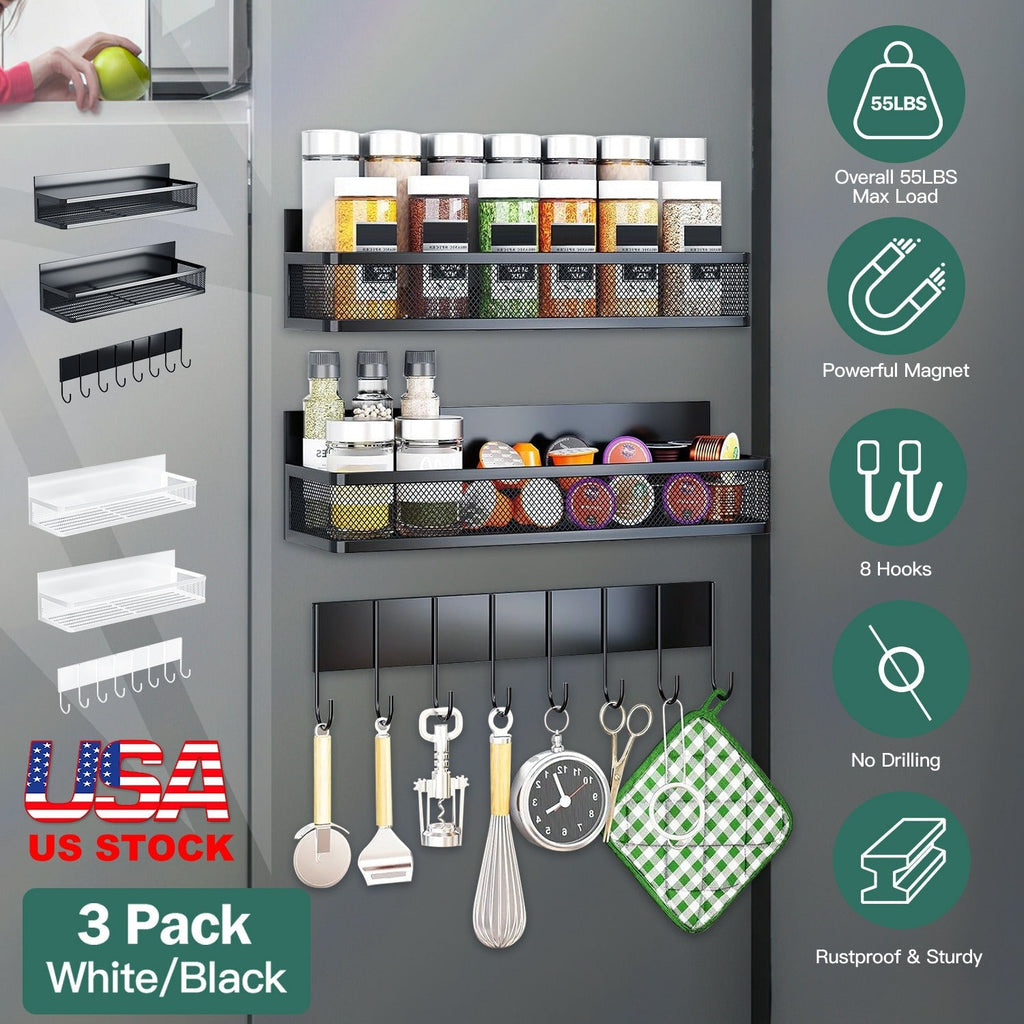 3 Pack Strong Magnetic Spice Rack with 8 Hooks Fridge Oven Microwave Magnetic Storage Shelves Seasoning Holder Organizer for Jars Seasoning Tins Utens