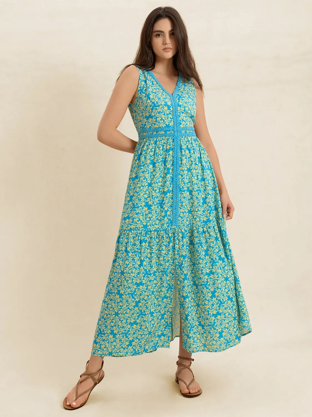 Slit Printed V-Neck Sleeveless Dress