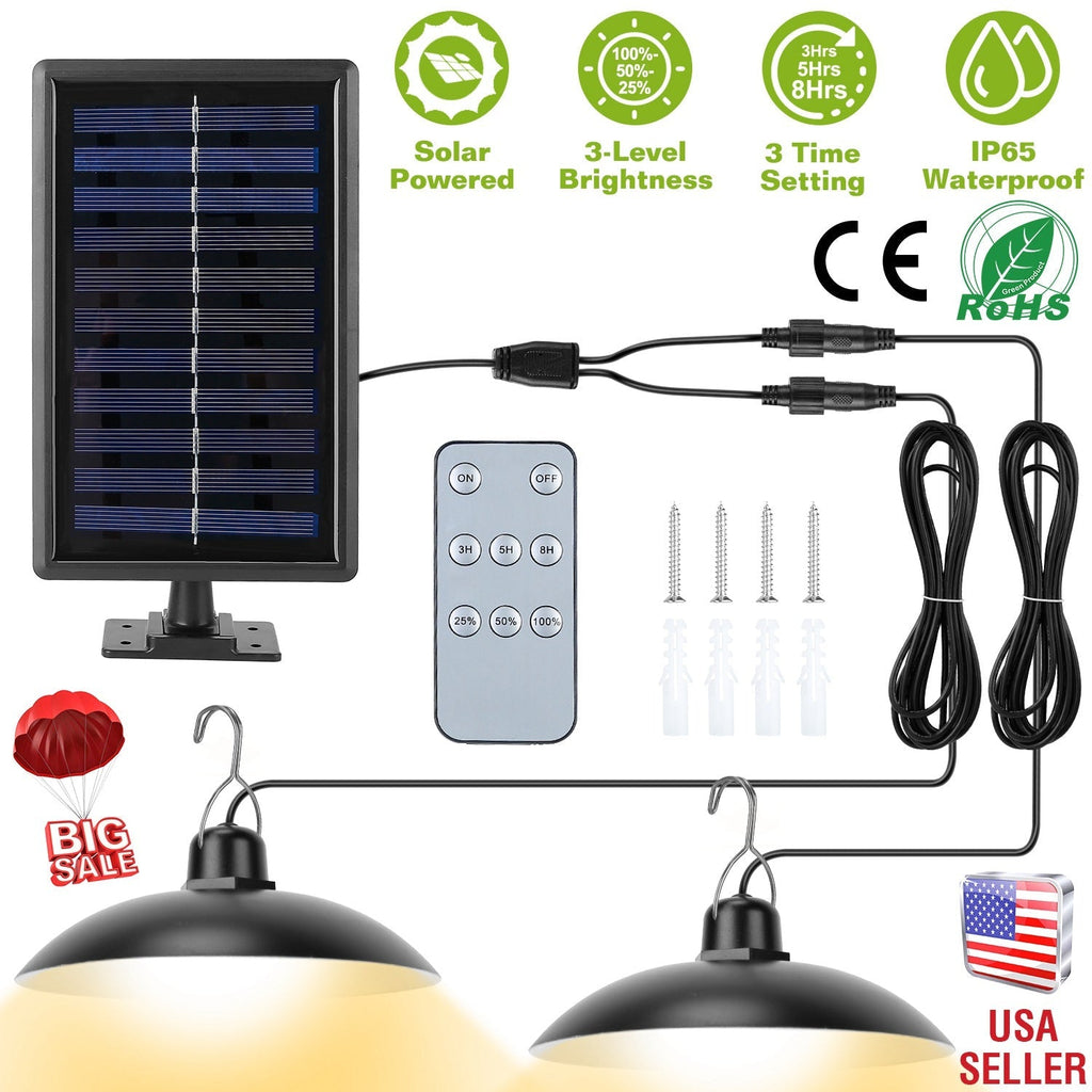 Solar Shed Lights Dual Lighting Heads Dimmable Timing Auto Sensor Turn Off Hanging Lamp IP65 Waterproof Remote Control Pendant Light For Garden Patio