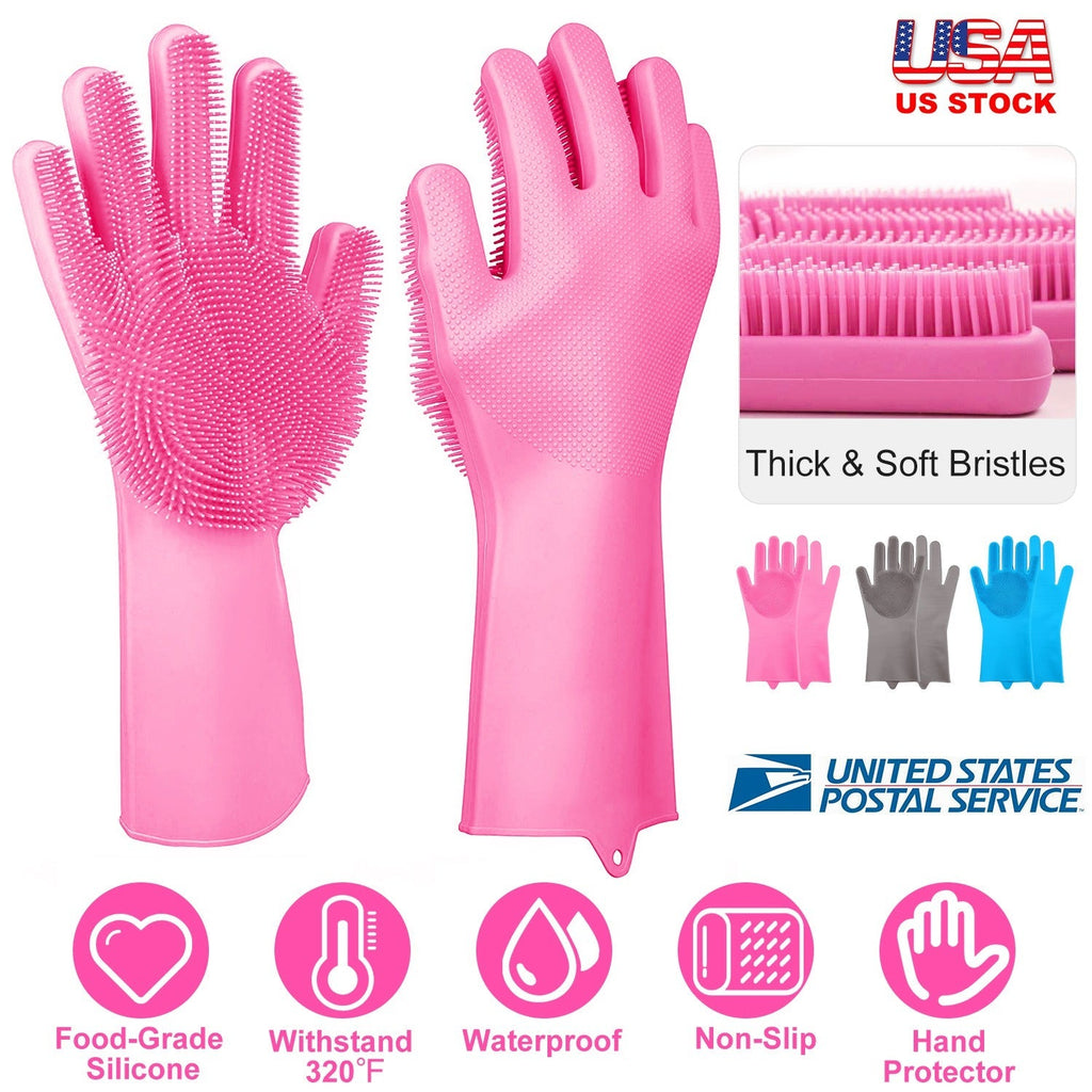 1 Pair Magic Silicone Brush Dishwashing Gloves Cleaning Sponge Pet Scrubber Heat Resistant Wash Gloves