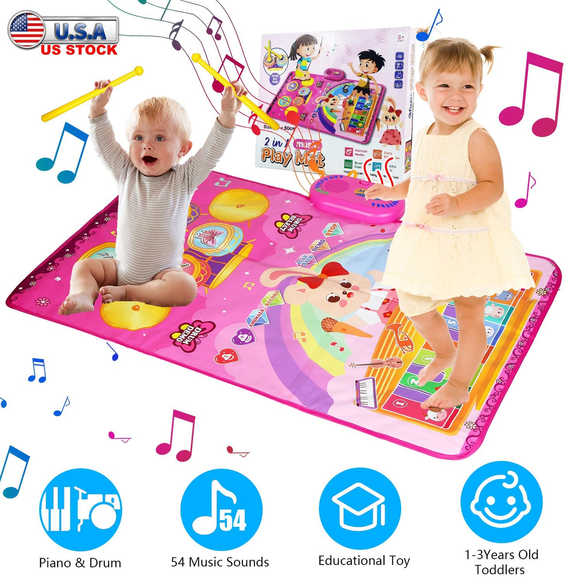 Baby Musical Mat With 55 Music Sounds Toddler Toys Floor Piano Keyboard Mat Drum Mat Carpet Educational Musical Learning Toy Infant Music Toy for 1 2