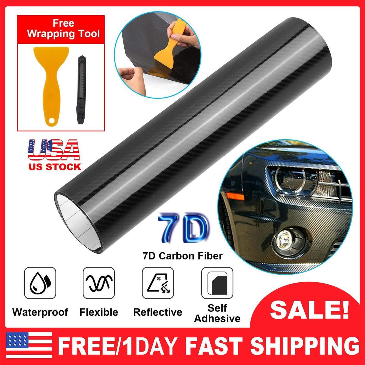 Black 7D Carbon Fiber Car Wrap High Gloss Vinyl Wrap Film Roll Bubble Free Air Release for Cars Laptops Phones