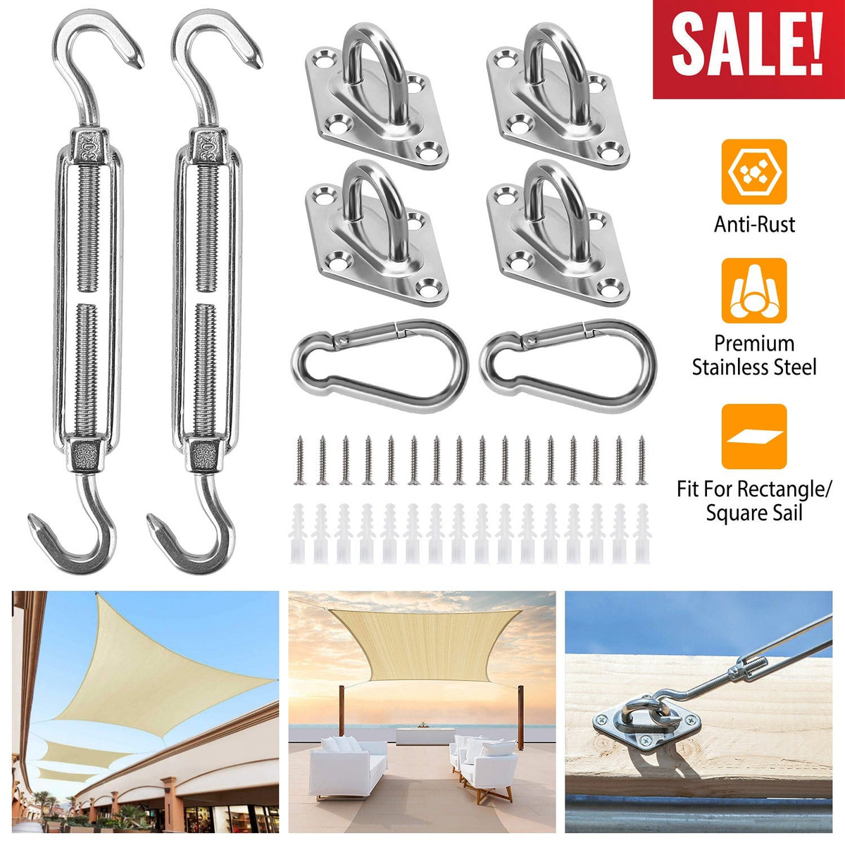 Sun Shade Sail Hardware Kit Stainless Steel Canopy Installation Kit Fixing Accessory for Rectangular Square Shade Sail Installation