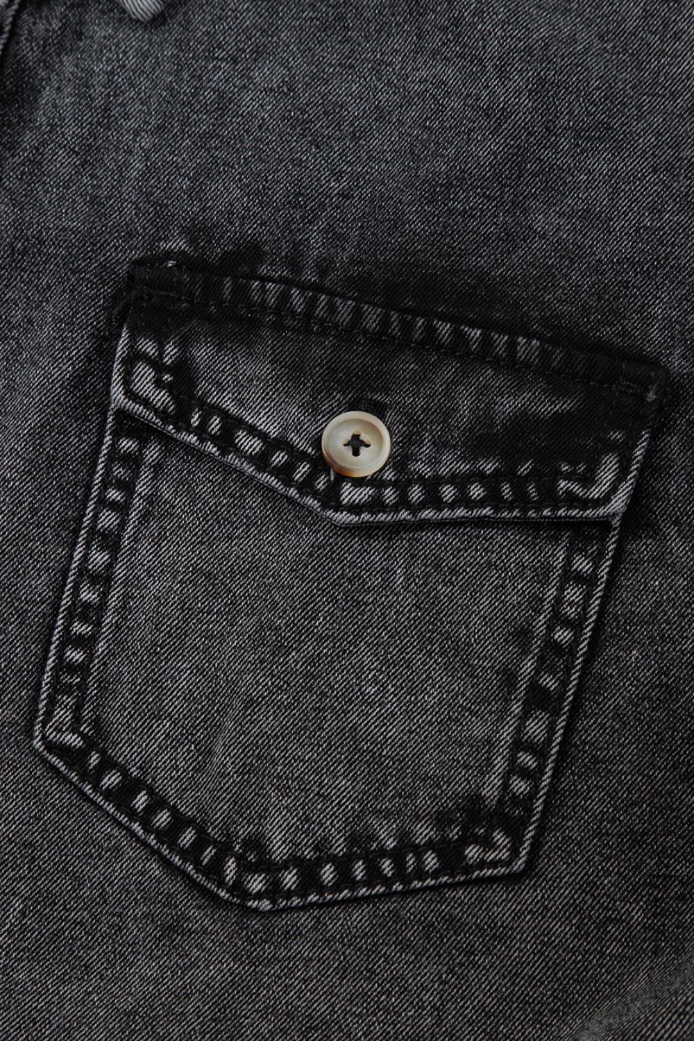 Short Sleeve Flap Pocket Button Up Raw Hem Denim Shirt