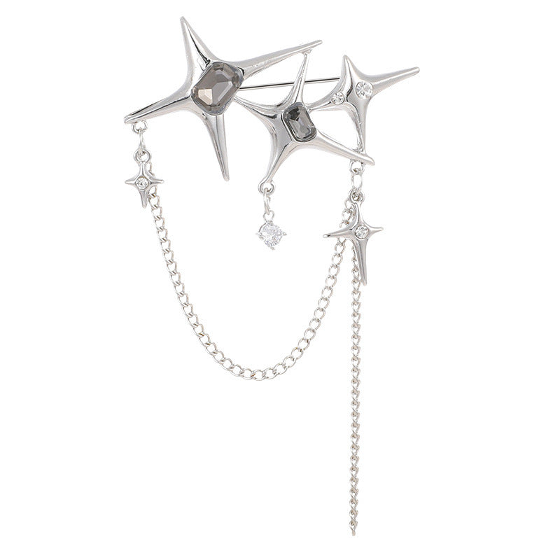 Four Eight-Pointed Stars Zircon Chain Brooch