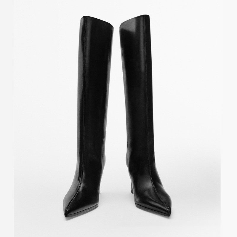 High Heel Leather Knight Boots Pointed Toe
